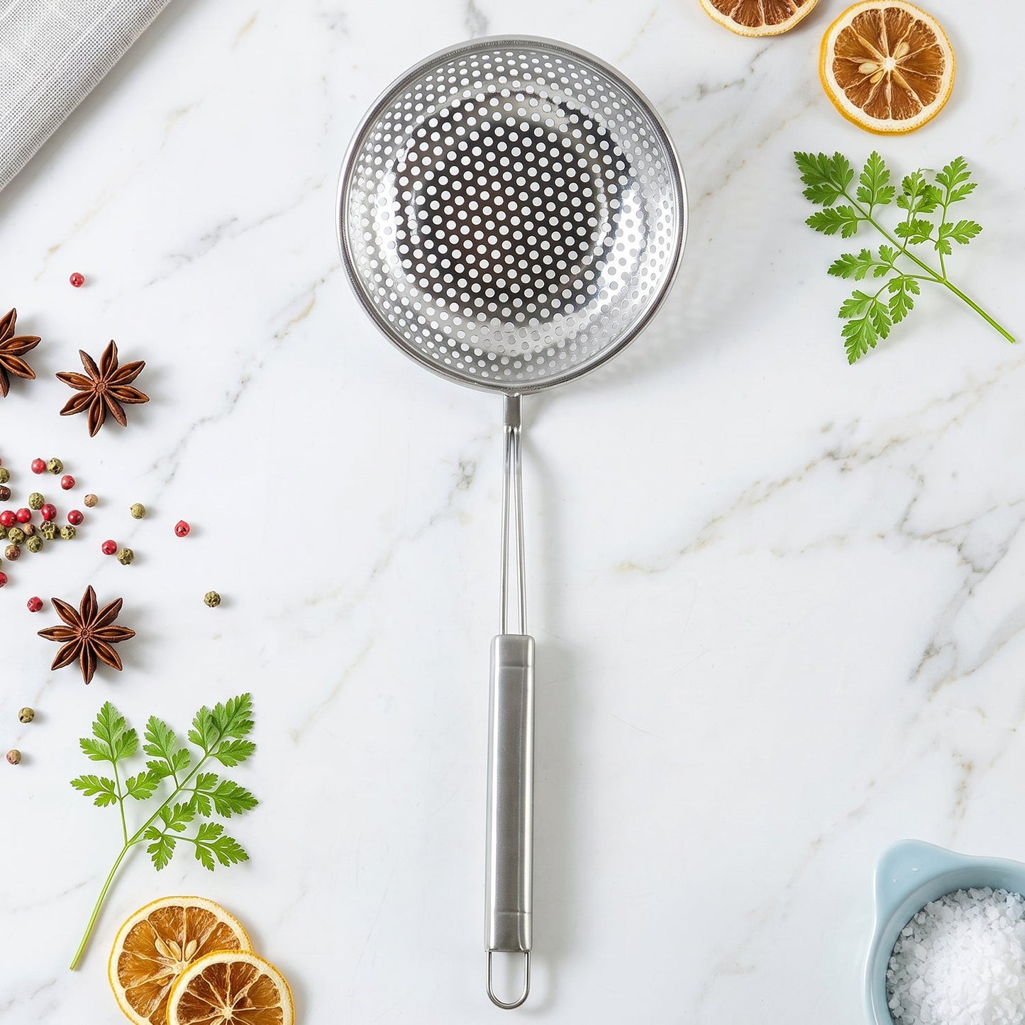 Wukusy stainless steel frying strainer skimmer spoon with long handle for draining and lifting fried foods in kitchen cooking.