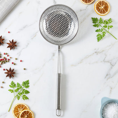 Wukusy stainless steel frying strainer skimmer spoon with long handle for draining and lifting fried foods in kitchen cooking.
