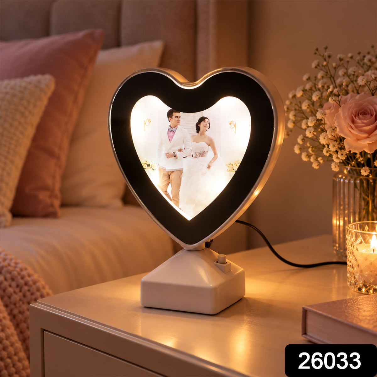 Heart-shaped LED mirror photo frame with warm light, tabletop home decor by Wukusy, showcasing a romantic and stylish design.
