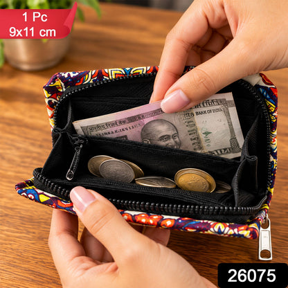 Wukusy Patola style printed clutch wallet with zip closure, featuring vibrant traditional patterns, 9x11 cm size.