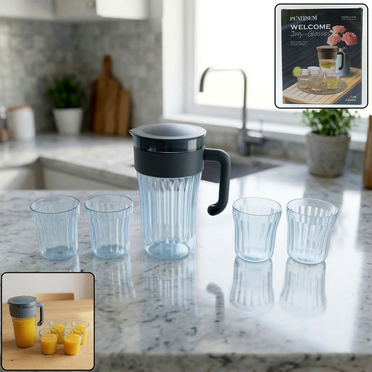 Multipurpose Plastic Water Juice Serving Jug With 4 Drinking Glasses Set (1 Set)