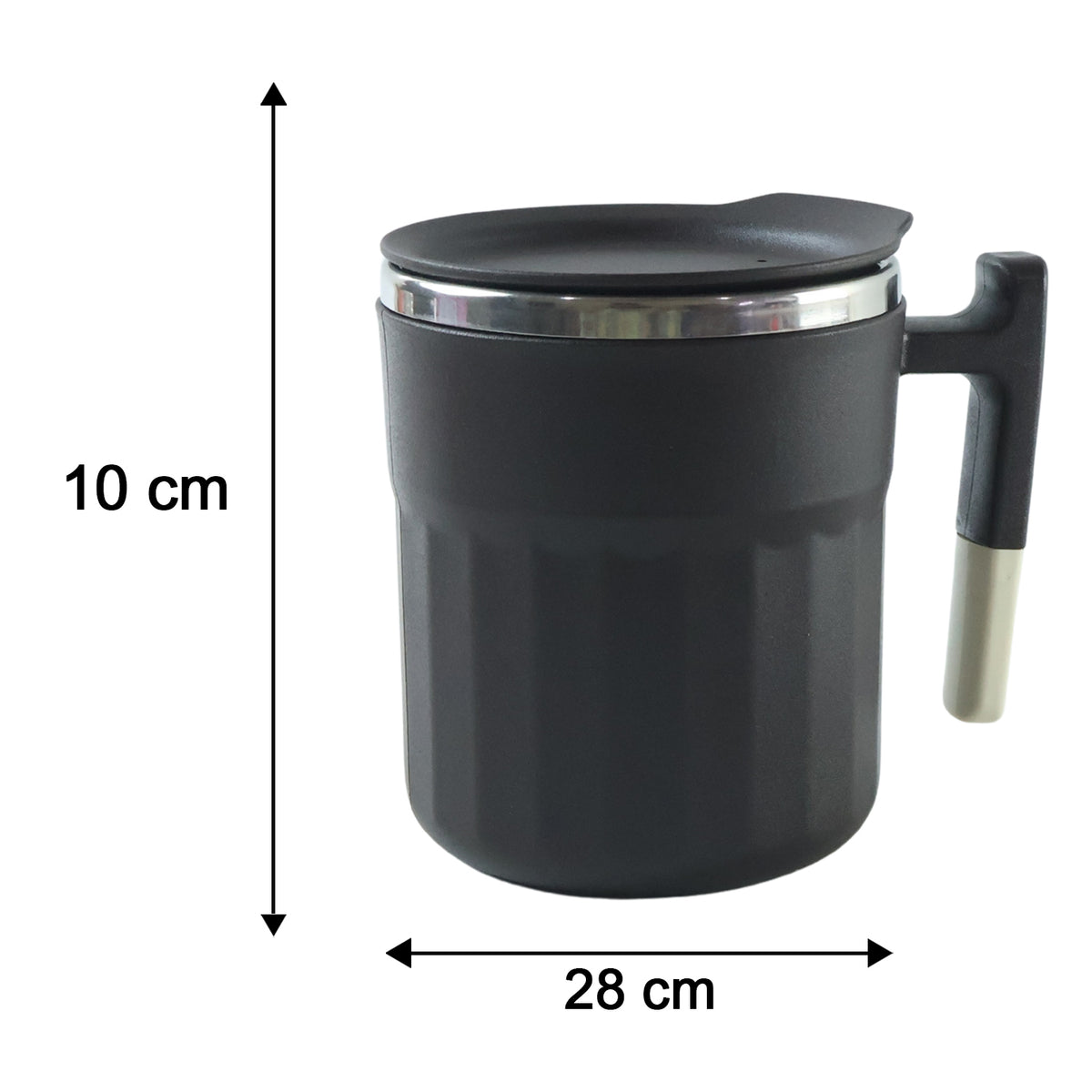 Matte black Apex Compact Coffee Mug with handle and lid, 300 ml capacity, by Wukusy, shown with handle and lid in the image.