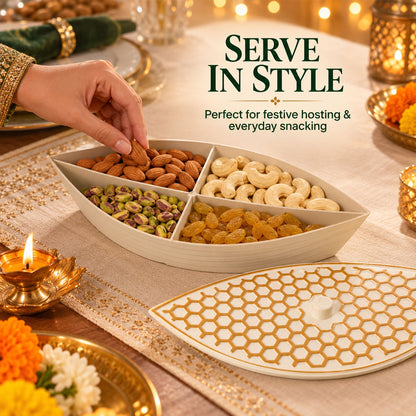 Wukusy boat-shaped dry fruit serving box with honeycomb lid, featuring four compartments for nuts and dried fruits.