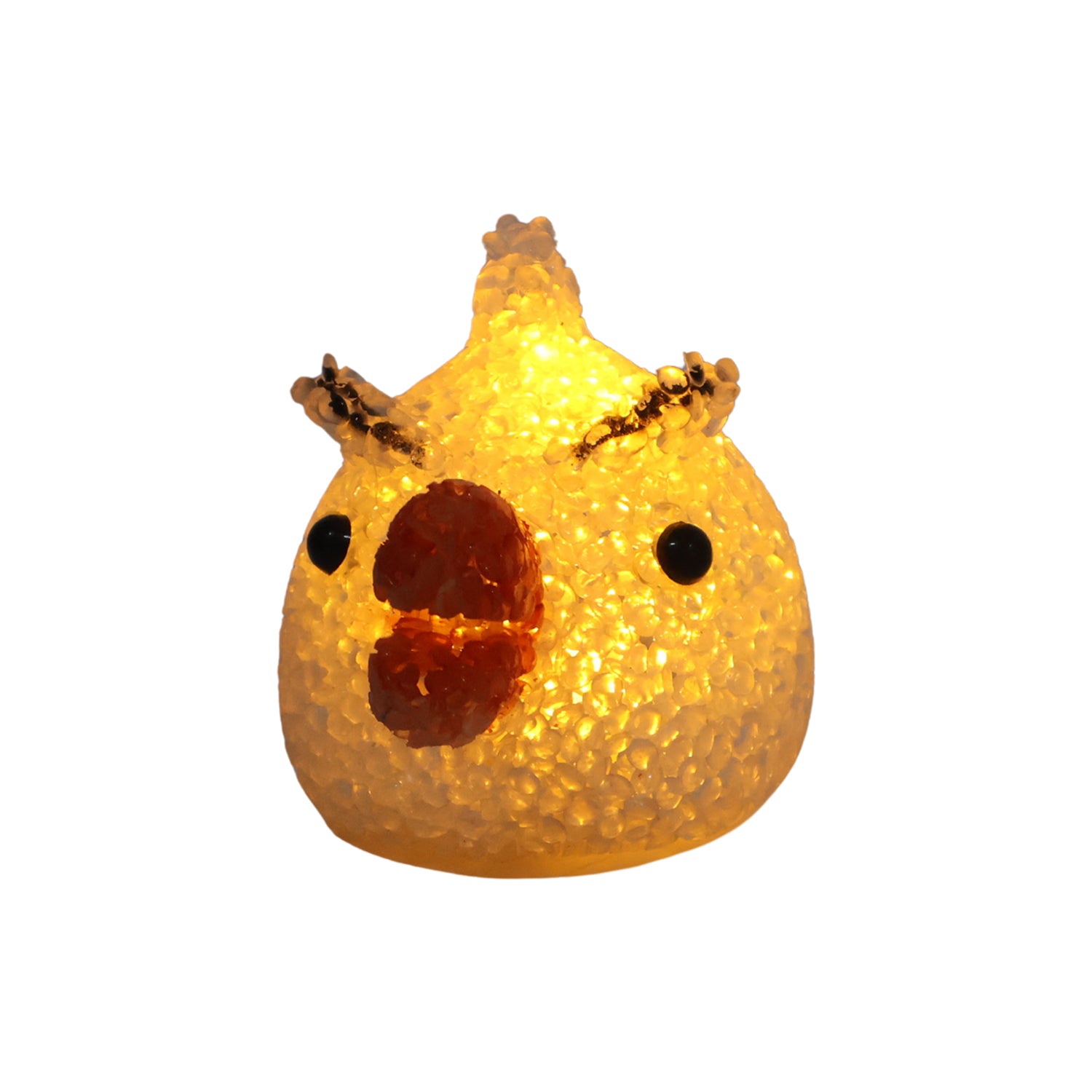Cartoon chick-shaped LED night lamp with crystal texture emitting warm glow, designed by Wukusy for cozy bedside lighting.