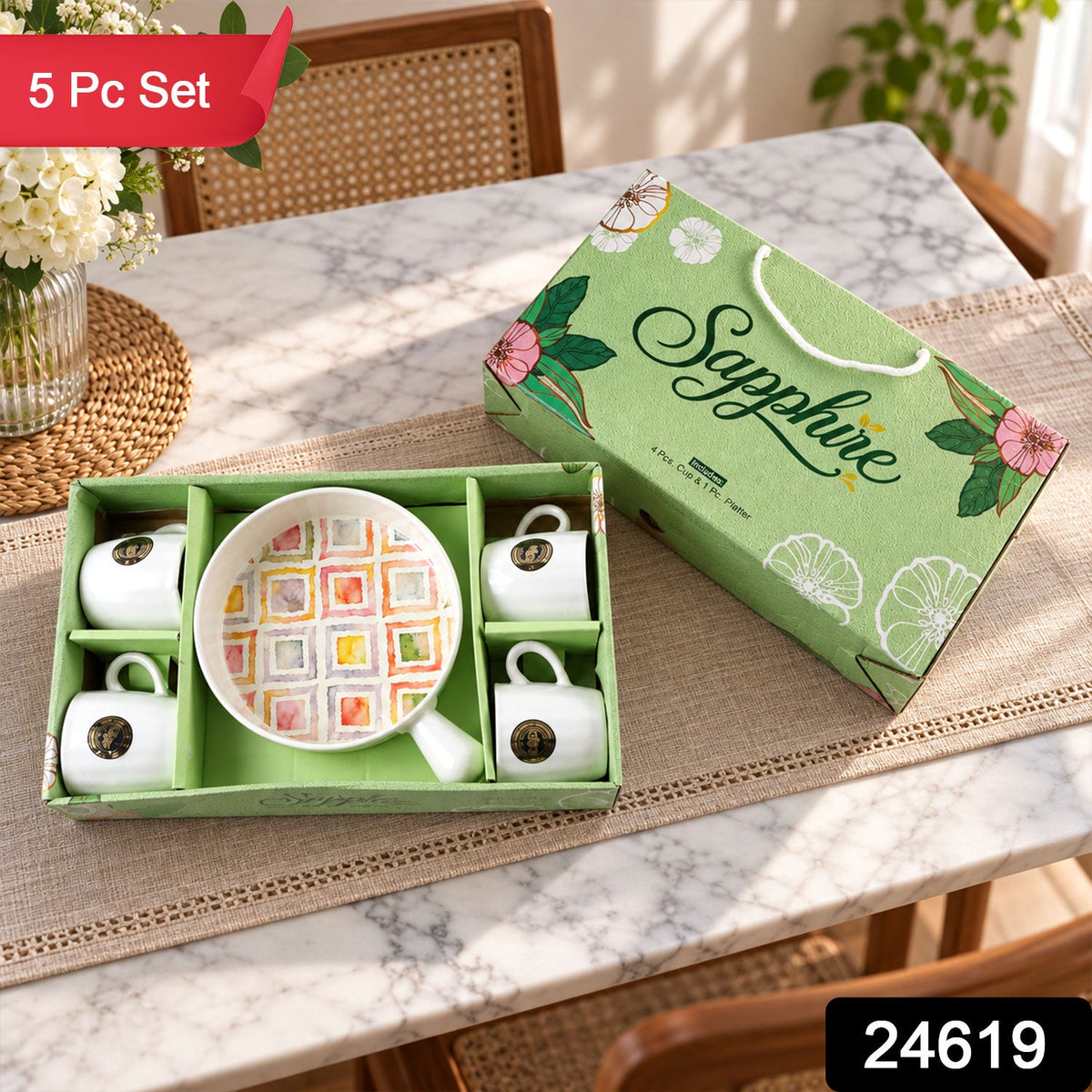Wukusy 5-piece ceramic cup and platter set for tea, coffee, and snack serving, featuring elegant white ceramic ware.