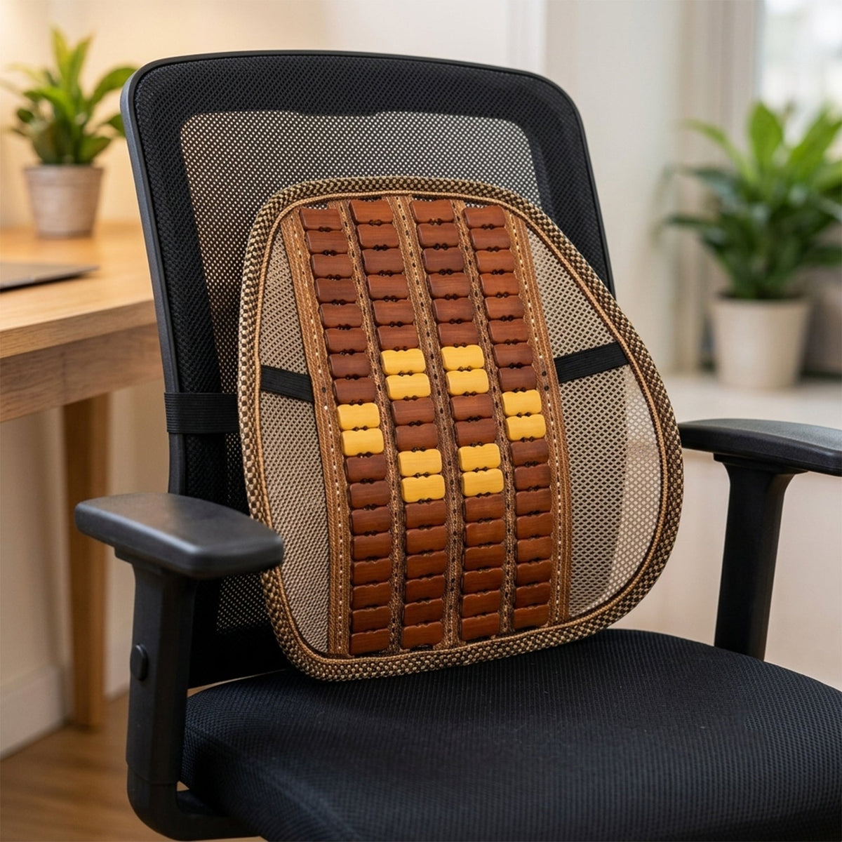 Wukusy car seat mesh back support with wooden bead panel for office chairs, providing lumbar comfort and ergonomic support.