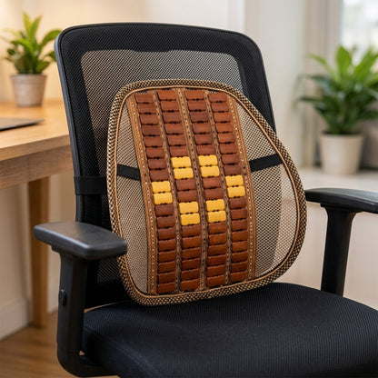 Wukusy car seat mesh back support with wooden bead panel for office chairs, providing lumbar comfort and ergonomic support.