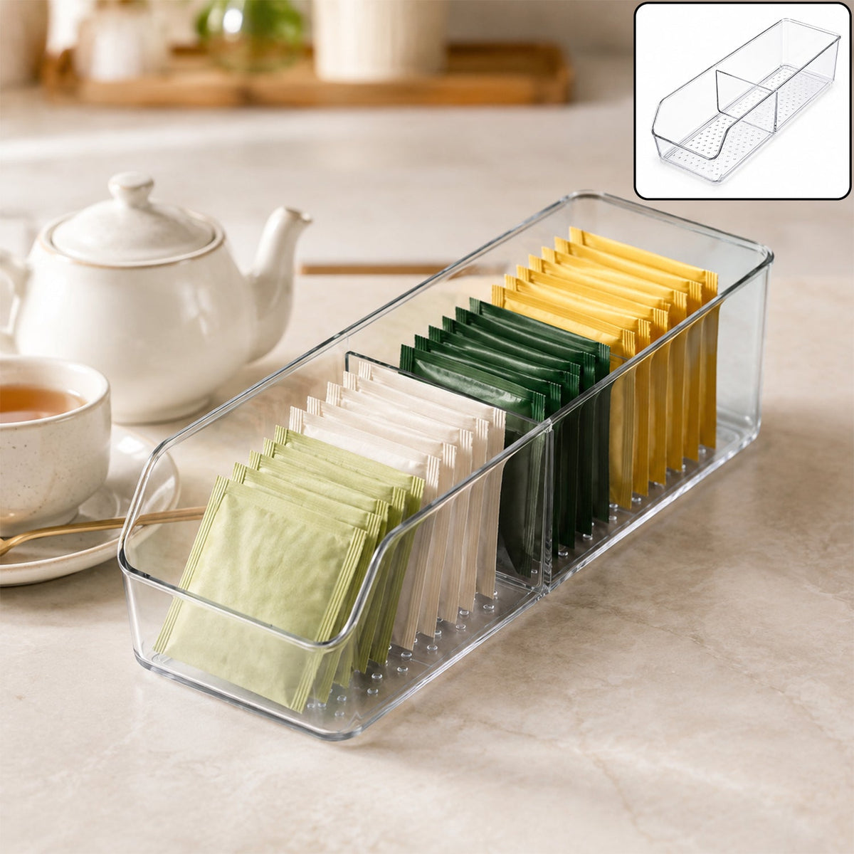 Wukusy clear plastic storage organizer box with dividers for kitchen, showing compartments for organizing small items and utensils.