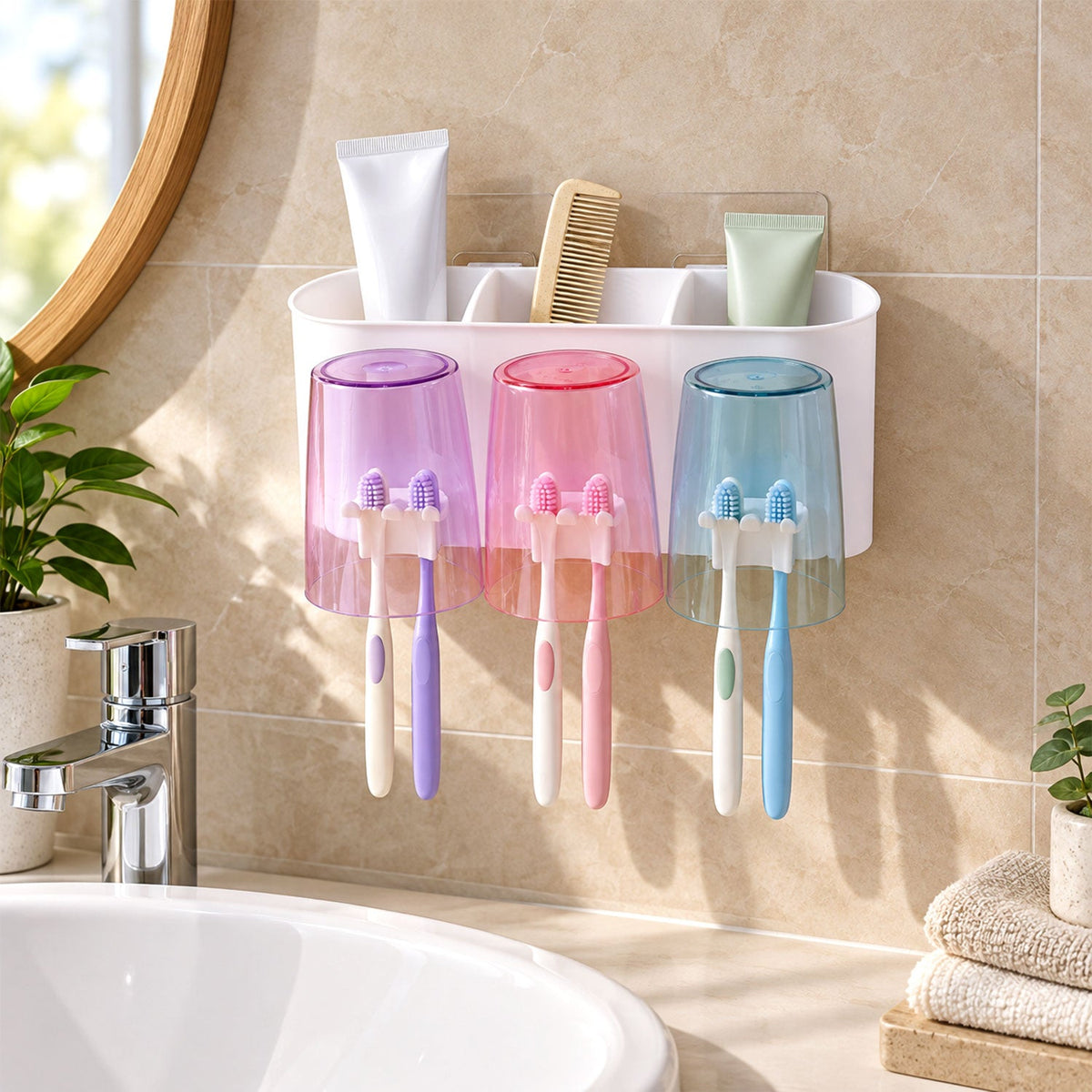 Wall mounted Wukusy toothbrush holder with 3 cups and bathroom storage, showcasing organized bathroom accessories and sleek design.
