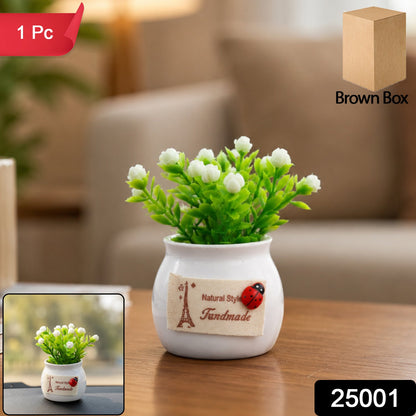 Mini Artificial Plant With Ceramic Pot White Flower Bonsai For Home Decor (1 Pc)