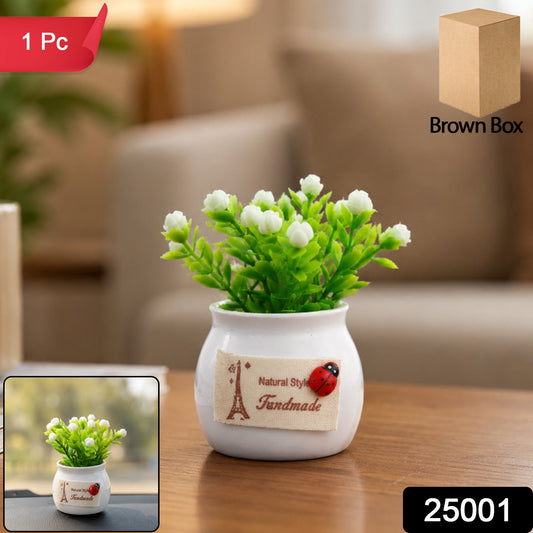 Mini Artificial Plant With Ceramic Pot White Flower Bonsai For Home Decor (1 Pc)