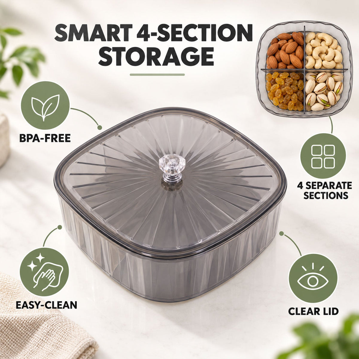 Wukusy dry fruit storage box with four compartments and lid, ideal for storing nuts, snacks, and dried fruits.