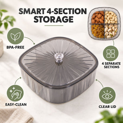 Wukusy dry fruit storage box with four compartments and lid, ideal for storing nuts, snacks, and dried fruits.