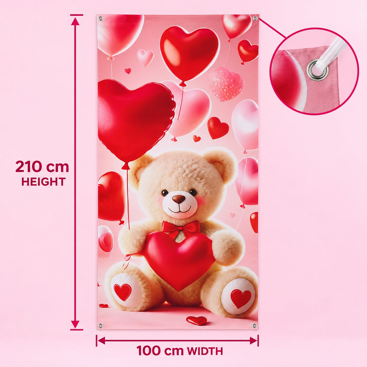 Wukusy teddy bear and heart backdrop curtain for romantic party decoration, measuring 210x100 cm, with adorable plush design.