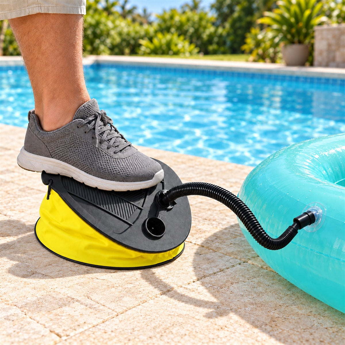 Wukusy manual foot air pump with flexible hose and nozzles for inflating pool floats and air beds, shown with attached nozzles.