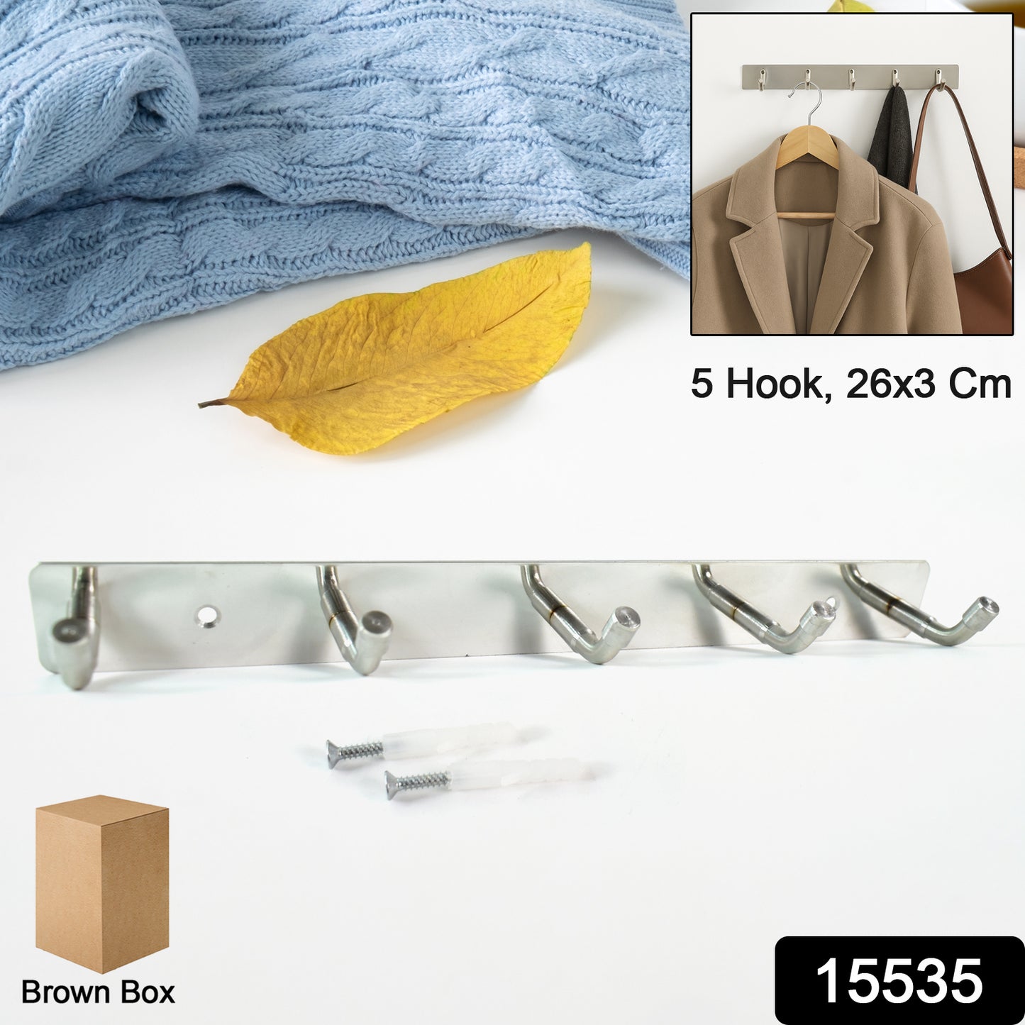 Wukusy stainless steel wall-mounted coat rack with five hooks, measuring 26x3 inches, suitable for home and kitchen organization.