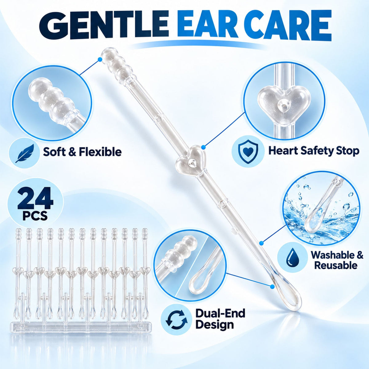 Silicone Ear Cleaning Kit With Dual End Sticks And Storage Holder (24 Pc)