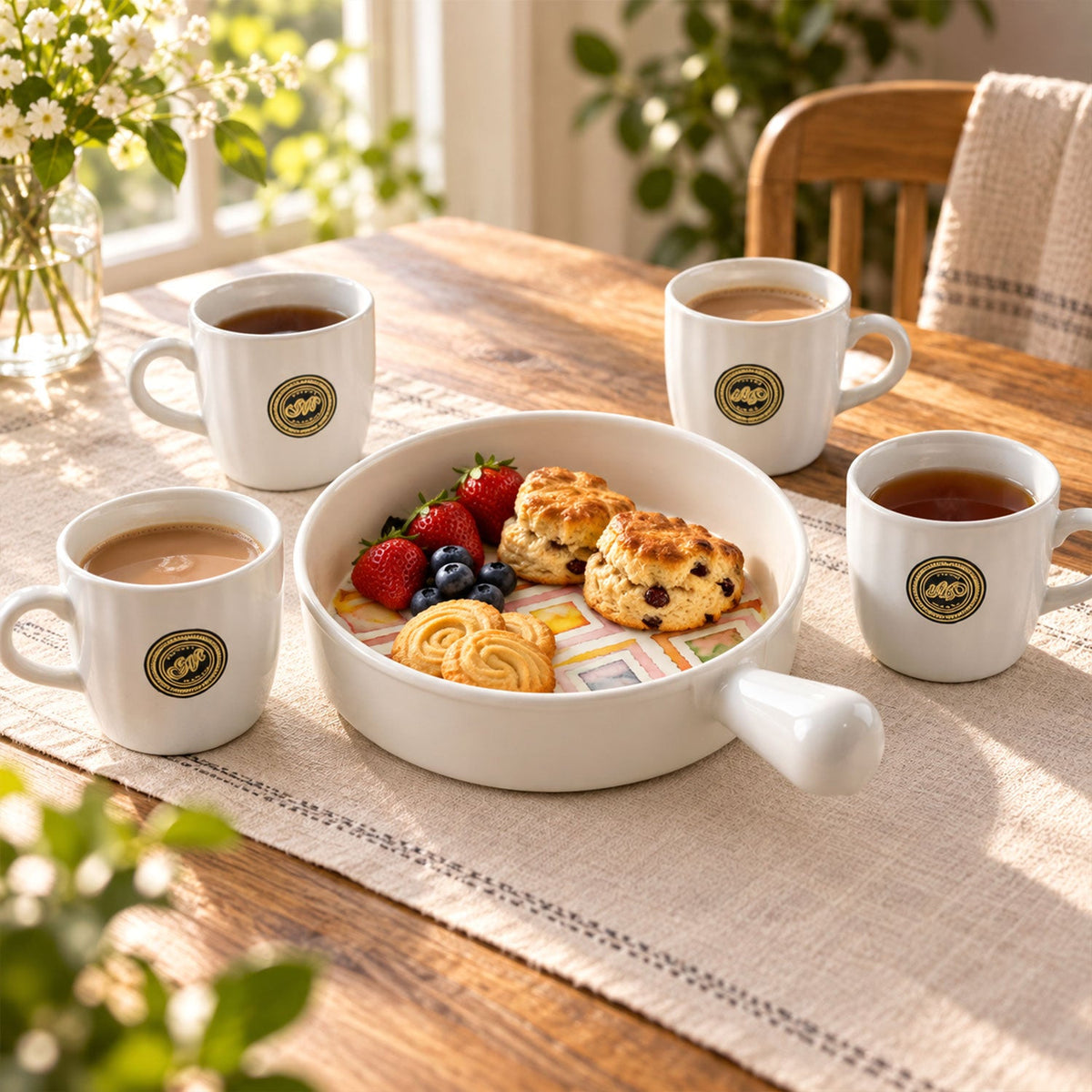Wukusy ceramic tea cup and platter set with five pieces, ideal for serving tea, coffee, and snacks at home.