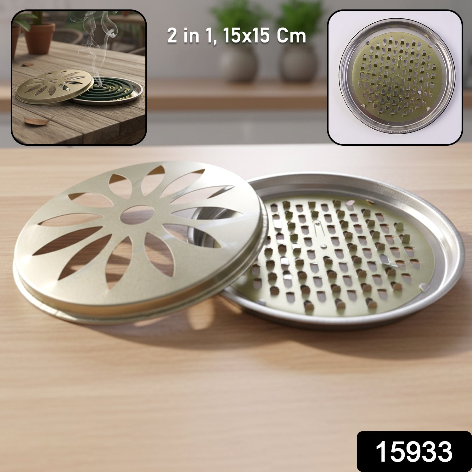 Wukusy 2-in-1 metal mosquito coil stand and incense burner, 15x15 cm, with a sleek silver finish and circular design.