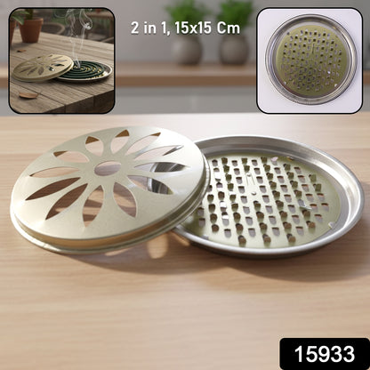 Wukusy 2-in-1 metal mosquito coil stand and incense burner, 15x15 cm, with a sleek silver finish and circular design.