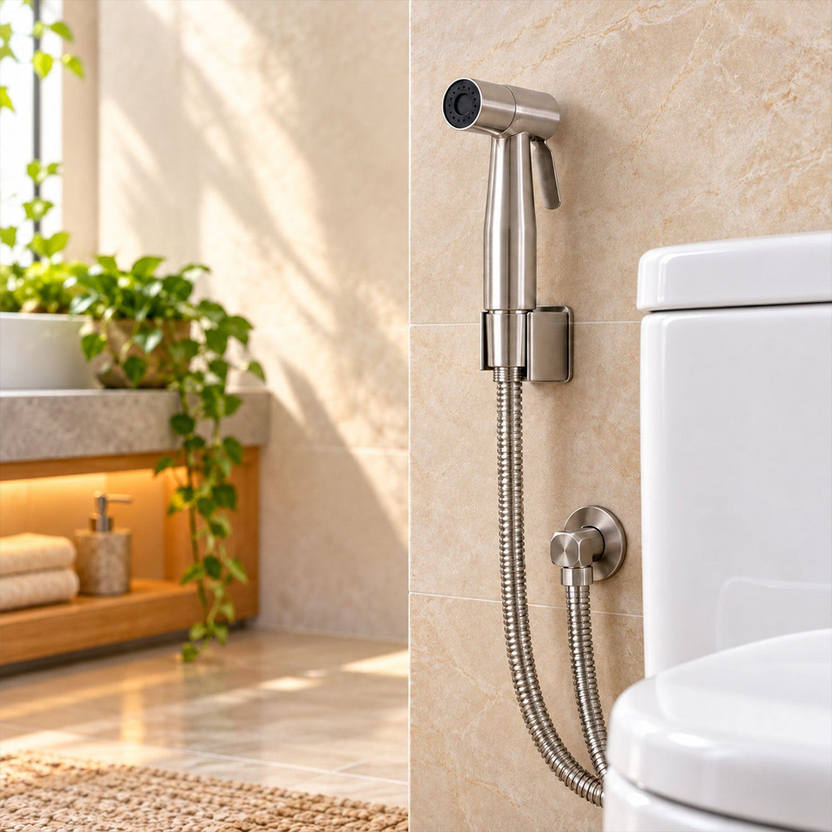 Wukusy handheld health faucet toilet jet spray with hose and wall holder, shown mounted and ready for use in a bathroom setting.