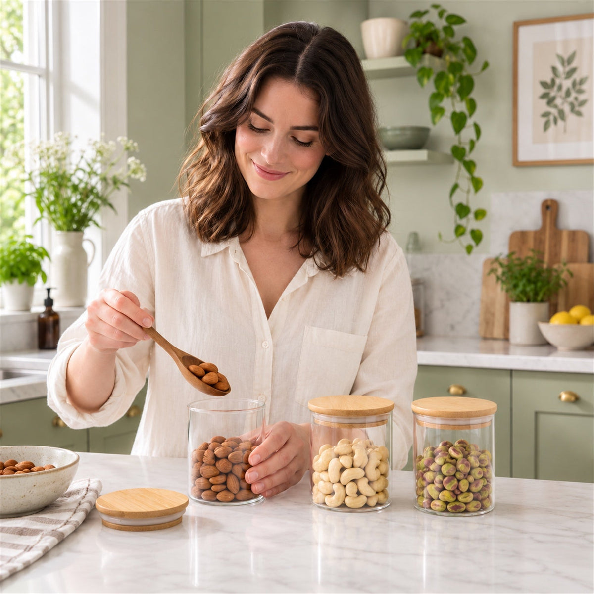 Three Wukusy glass storage jars with bamboo lids for kitchen organization and dry fruits, showcasing clear jars with wooden lids.