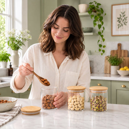 Three Wukusy glass storage jars with bamboo lids for kitchen organization and dry fruits, showcasing clear jars with wooden lids.