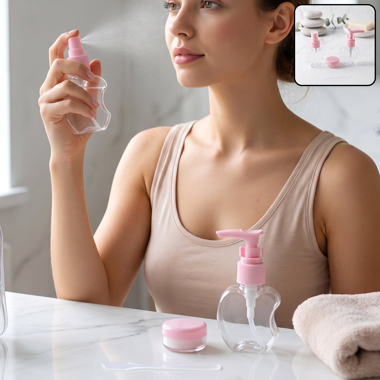 Travel Refillable Empty Cosmetic Bottle Set With Spray Pump Jar (4 Pc Set)