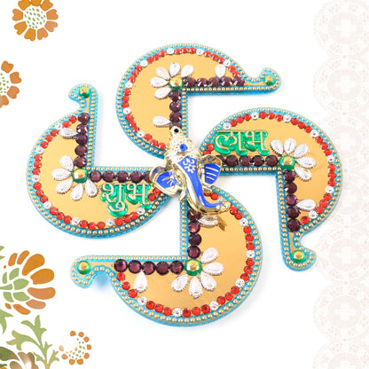 Golden Swastik Shubh Labh Wall Hanging With Ganesh Idol (1 Pc)