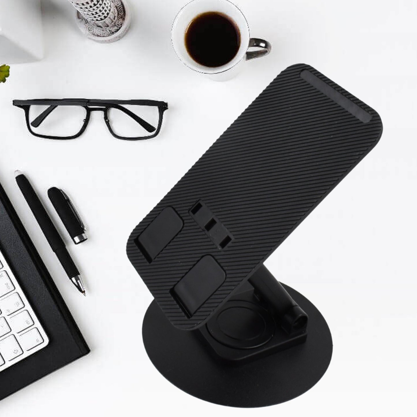 Wukusy portable mobile holder stand with adjustable height and angle, suitable for all smartphones, shown on a desk.