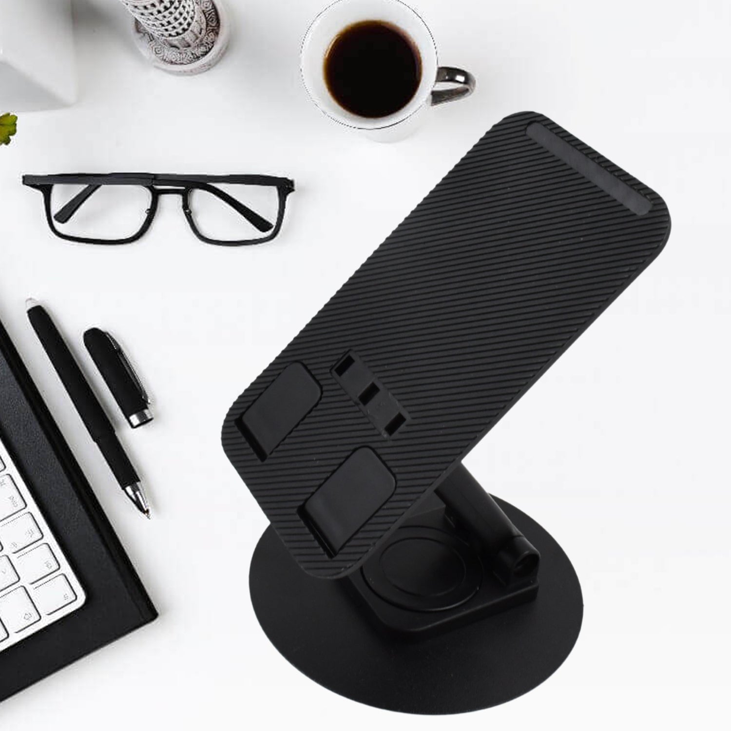 Wukusy portable mobile holder stand with adjustable height and angle, suitable for all smartphones, shown on a desk.