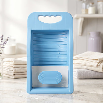 Portable Wukusy plastic mini washing board with soap holder for socks laundry, compact and lightweight for easy hand washing.