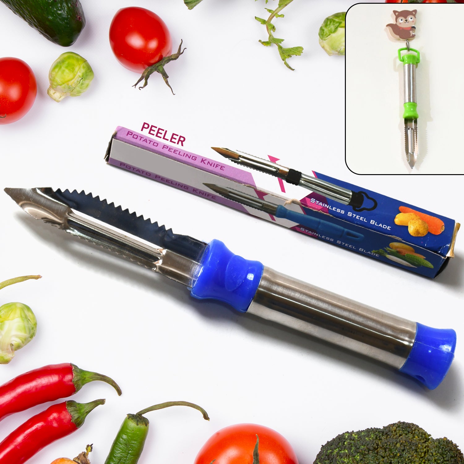 Wukusy 2-in-1 stainless steel vegetable peeler with hanging ring for peeling and shredding carrots, potatoes, and fruits in kitchen.