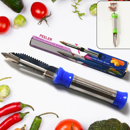 Wukusy 2-in-1 stainless steel vegetable peeler with hanging ring for peeling and shredding carrots, potatoes, and fruits in kitchen.