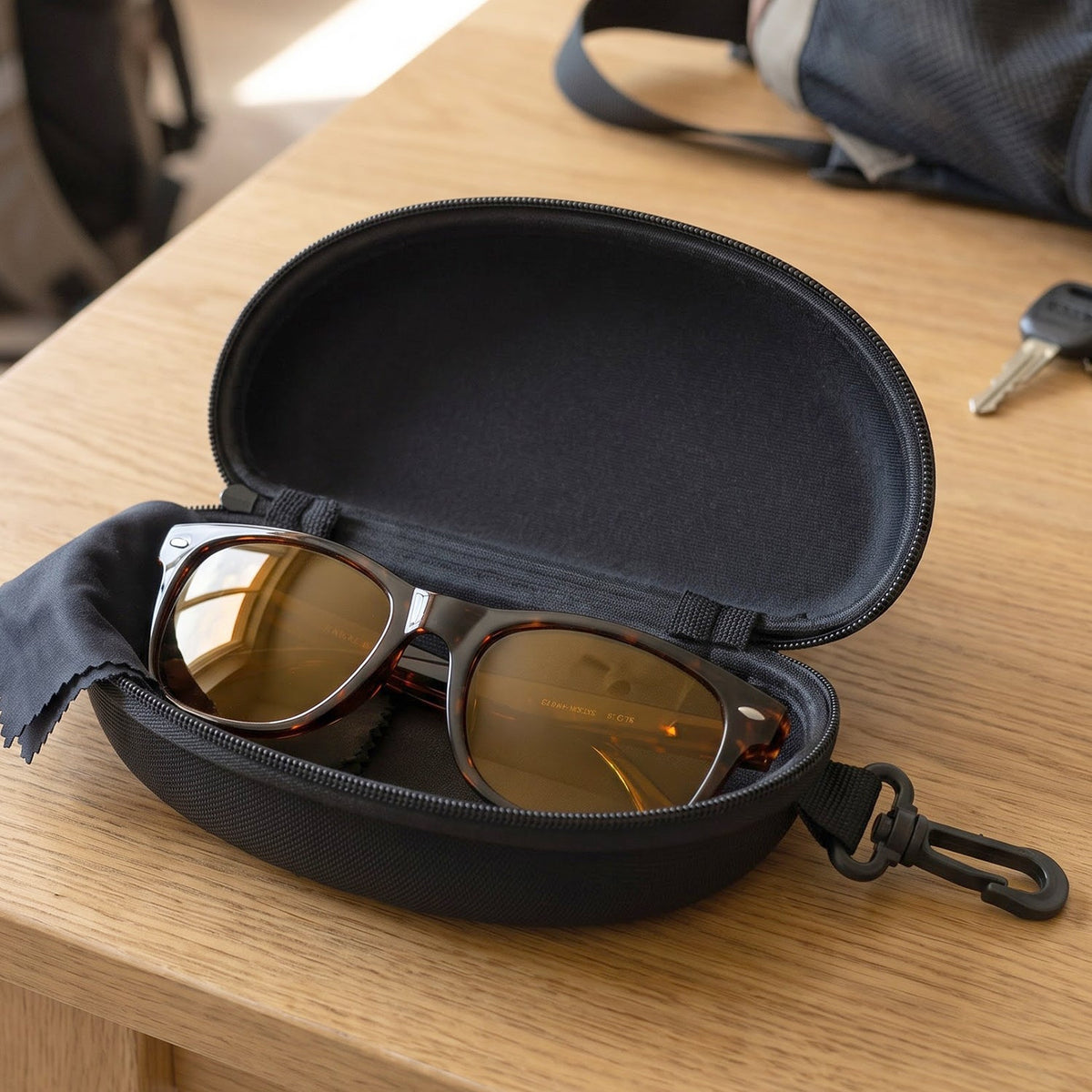 Zipper Hard Shell Sunglasses Case With Clip For Secure Travel Protection (1 Pc)