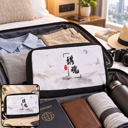 Wukusy printed travel organizer pouch with zip closure and carry loop, measuring 32x20 cm, showing colorful design on fabric.