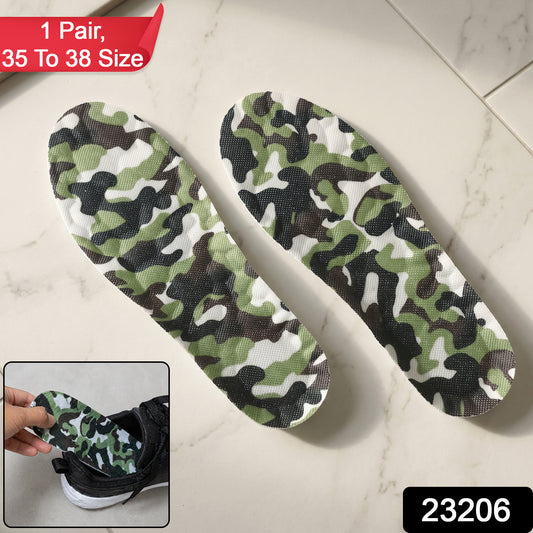 Pair of Wukusy camouflage comfort shoe insoles with soft cushioning for size 35 to 38, designed for added comfort in footwear.