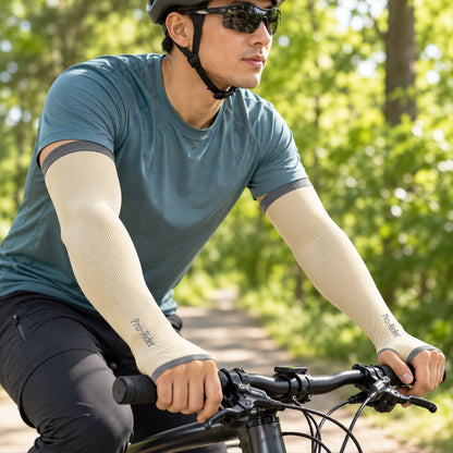 Pair of Wukusy UV protection arm sleeves with thumb holes for cycling and driving, shown in black fabric.