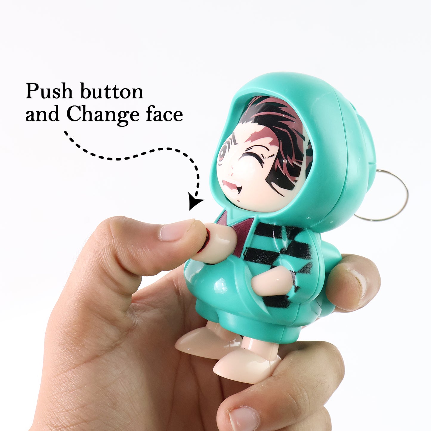 Cute cartoon character design action figure keychain by Wukusy, showcasing a playful toy with bright colors and detailed features.