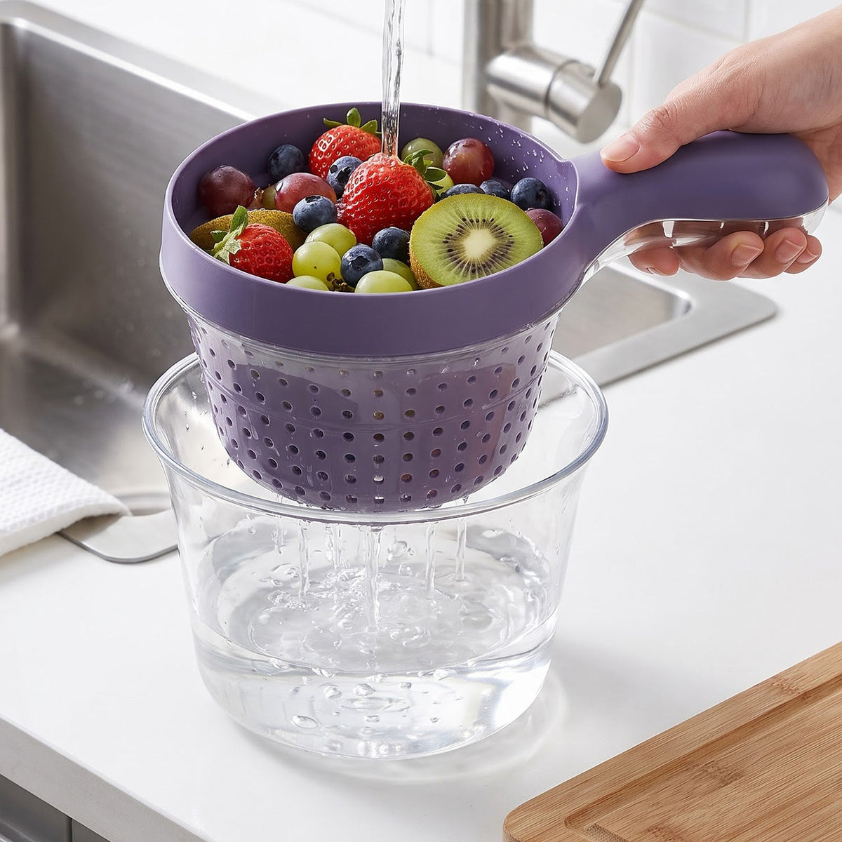 Plastic Drain Basket With Handle And Catch Bowl For Fruits And Vegetables (1 Pc)