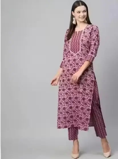 Women’s Cotton Kurti Set with Bottomwear – Purple Kurta & Maroon Pants, Three-Quarter Sleeves, Printed Floral, Daily Wear