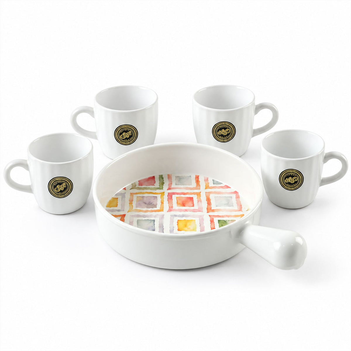 Wukusy 5-piece ceramic cup and platter set for tea, coffee, and snack serving, includes cups and matching platters for home use