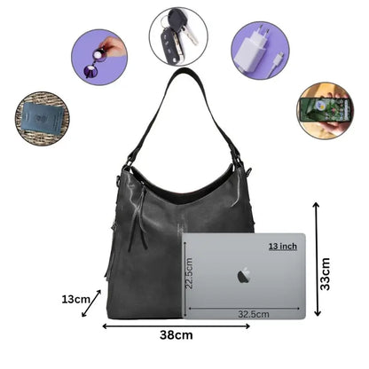 Black Vegan Leather Shoulder Bag | Spacious, Water-Resistant, Lightweight & Adjustable Strap