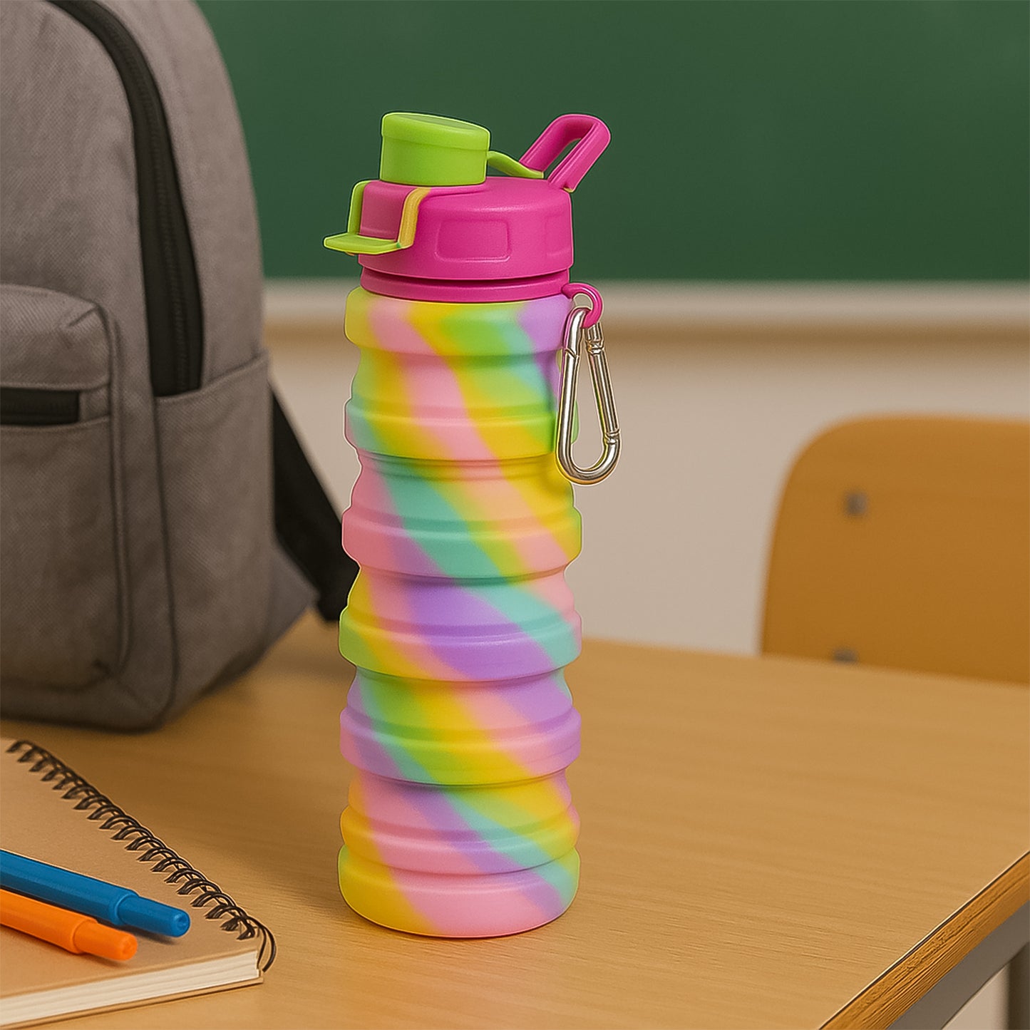 Colorful collapsible silicone water bottle by Wukusy, showing its compact design and vibrant, flexible material.