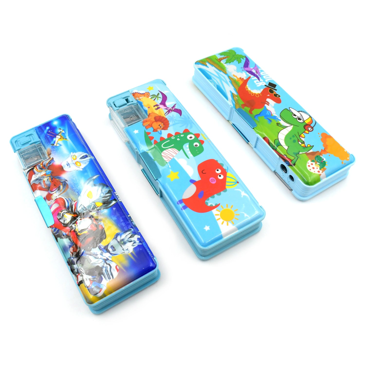 Wukusy multipurpose plastic double deck pencil case with two compartments, cartoon print, ideal for school supplies and storage.