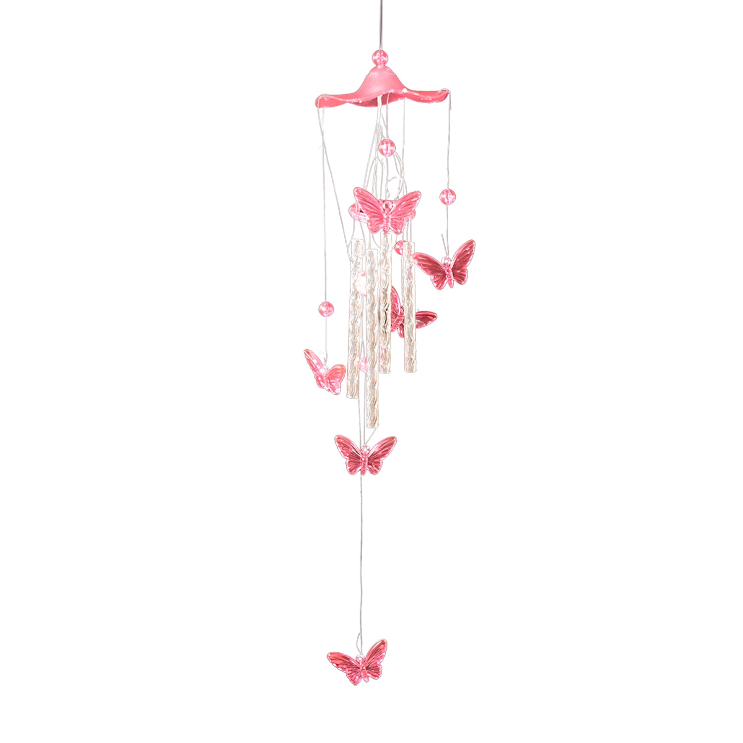 Wukusy Butterfly Bell Wind Chimes featuring colorful butterfly-shaped metal tubes hanging from a decorative top.