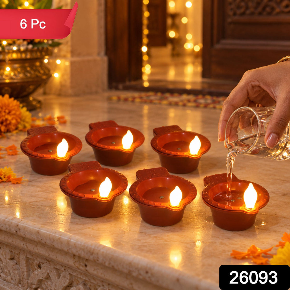 Set of six Wukusy flameless LED Diyas with water sensors, ideal for Diwali and Pooja decoration, featuring traditional diya design.