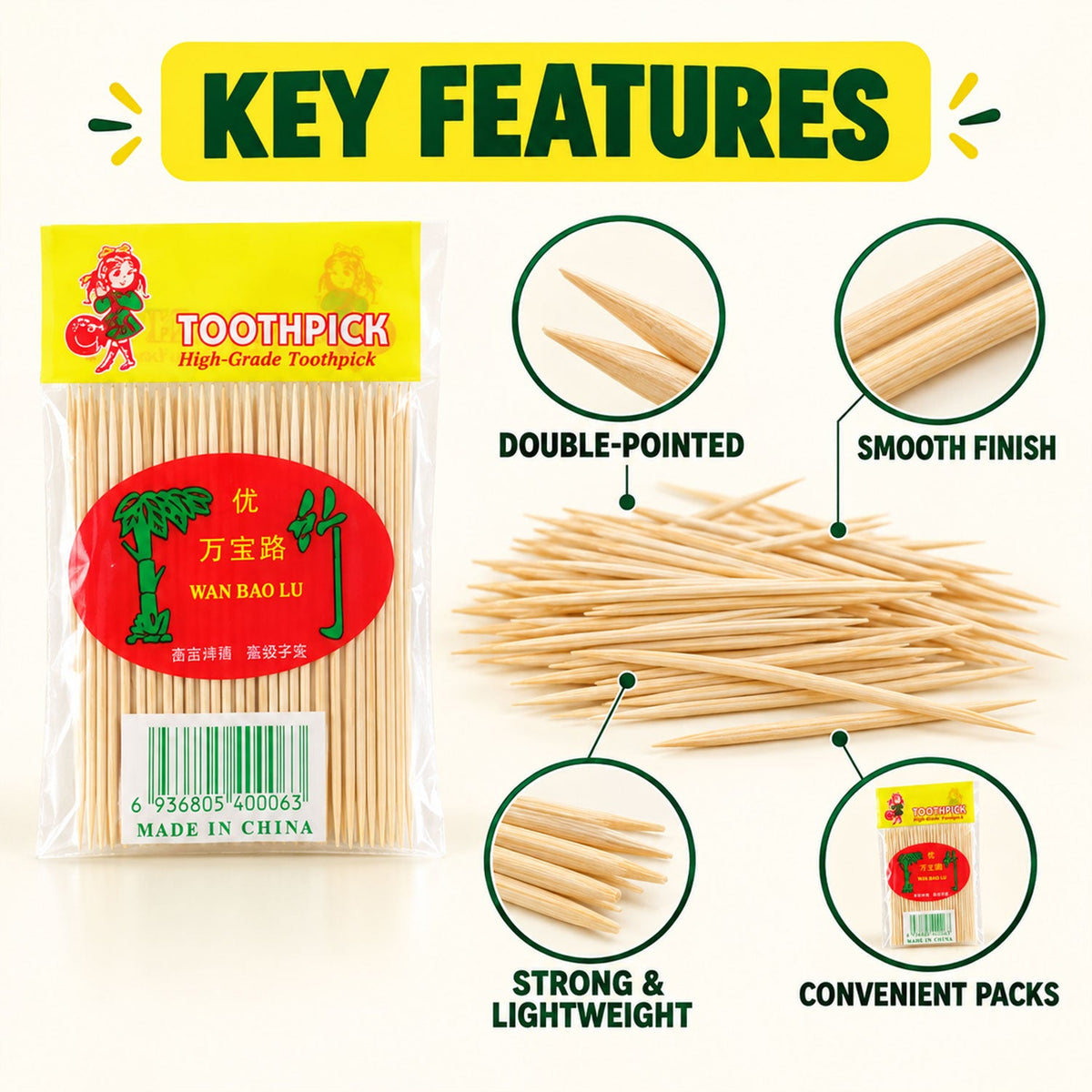 Double-pointed Wooden Toothpicks Set (20 Packets 1000 Pcs 6.5 Cm)