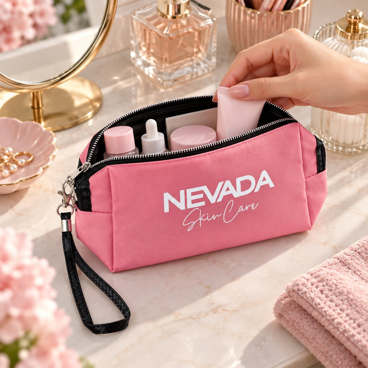 Wukusy cosmetic pouch with zipper closure and detachable wrist strap, measuring 23x10.7 cm, in a sleek, compact design