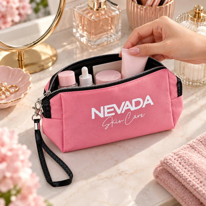 Wukusy cosmetic pouch with zipper closure and detachable wrist strap, measuring 23x10.7 cm, in a sleek, compact design